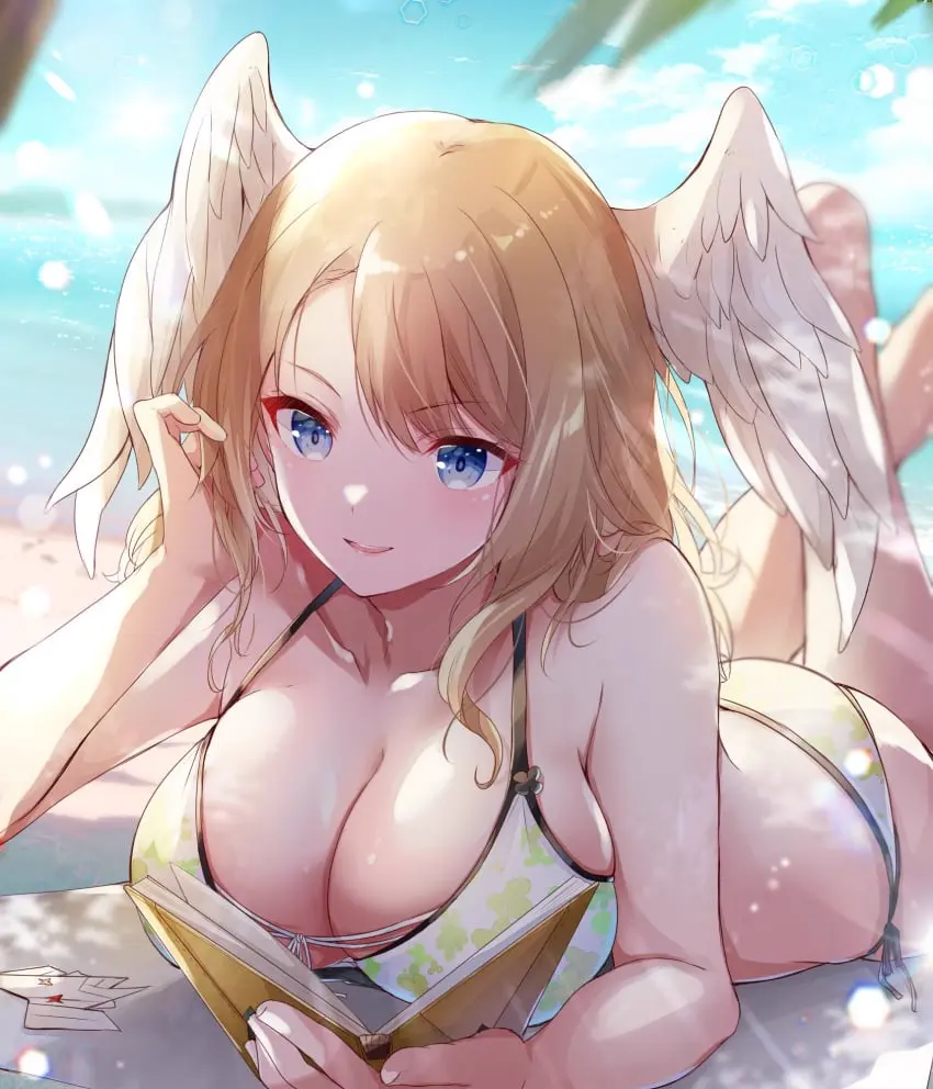 Image 1girls,breasts,female,highres,large_breasts,looking_at_viewer,solo,blue_eyes,lying,ass,feet,bare_shoulders,cleavage,white_wings,wings,feet_up,on_stomach,brown_hair,legs_up,xenoblade_(series),head_wings,eunie_(xenoblade),xenoblade_chronicles_3,the_pose,ui_frara