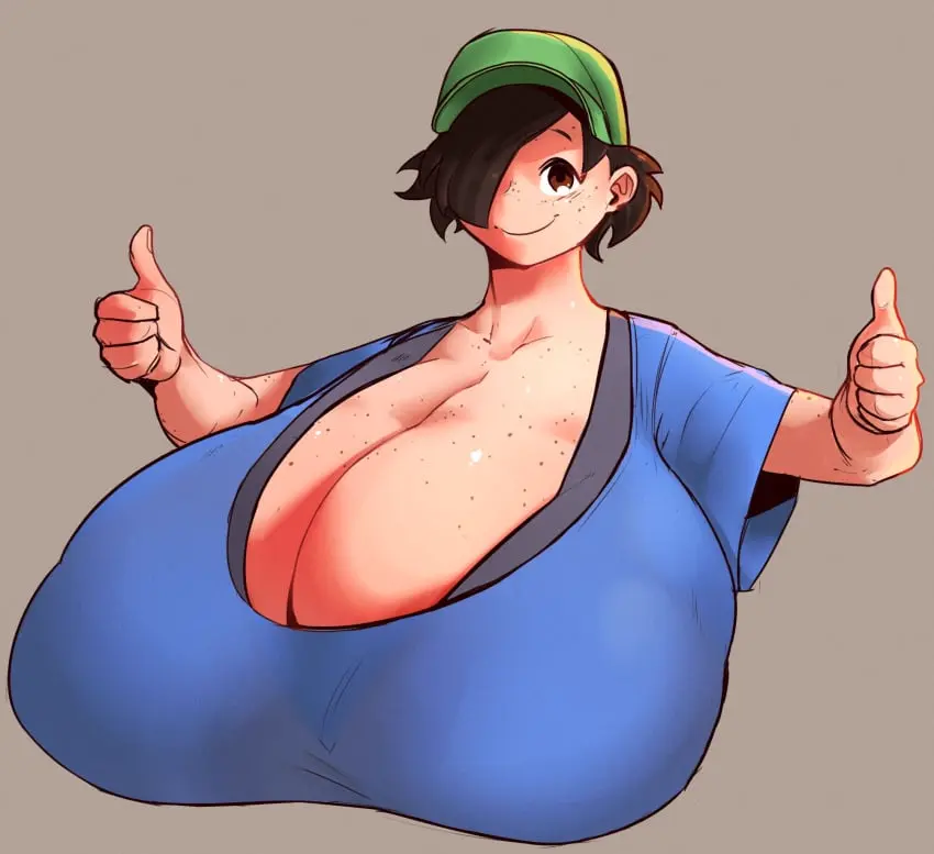 Image 1girls,breasts,female,hat,hair_over_one_eye,freckles,cleavage,huge_breasts,5_fingers,freckles_on_breasts,freckles_on_face,anna_(cantankeravian),cantankeravian,boob_window,thumbs_up