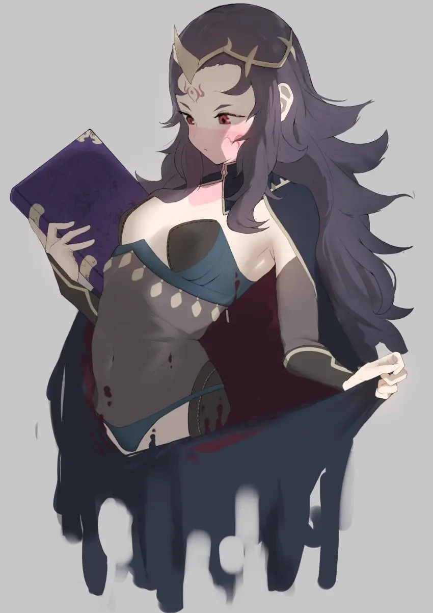 Image 1girls,breasts,female,female_only,highres,red_eyes,solo,black_hair,panties,underwear,small_breasts,thighs,armpits,bare_thighs,nintendo,cape,see-through,holding,fire_emblem,bodystocking,book,fire_emblem_fates,facial_mark,holding_book,black_cape,blue_panties,inner_thighs,mouth_veil,nyx_(fire_emblem),saikoro0306,veil