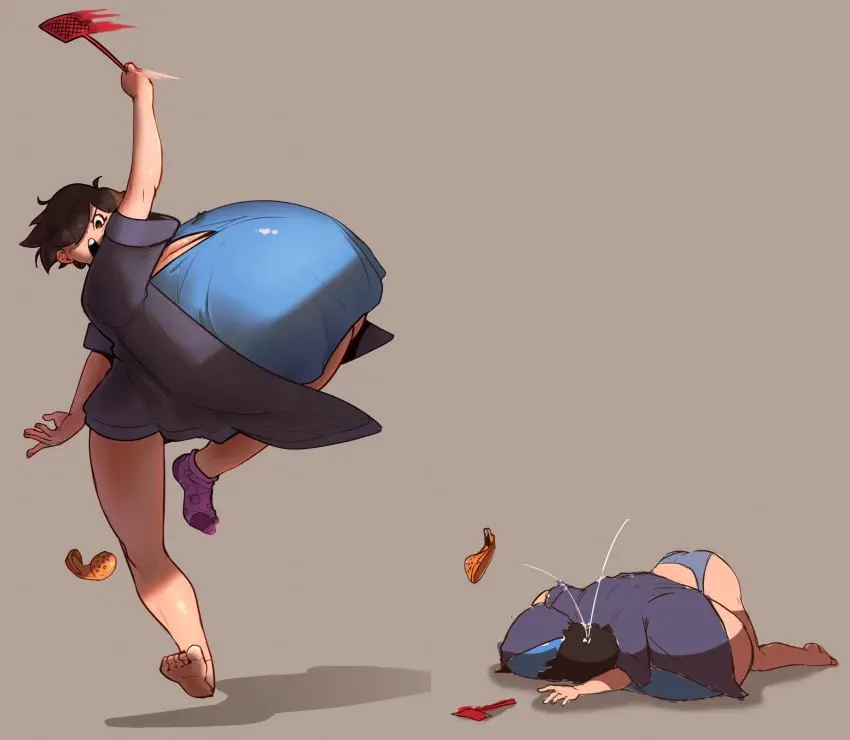 Image 1girls,breasts,female,panties,huge_breasts,hyper_breasts,defeated,top_heavy,hyper,before_and_after,anna_(cantankeravian),cantankeravian,on_floor,fly,fly_swatter