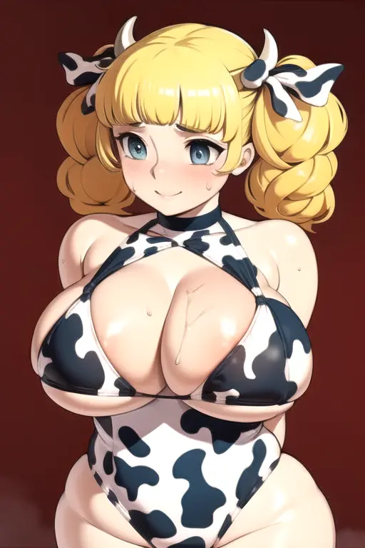 Image 1girls,big_breasts,breasts,female,female_only,solo,blue_eyes,big_ass,ai_generated,solo_female,gigantic_breasts,blonde_hair,cow_print,nervous_smile,daidouji_(artist),candice_white,candy_candy,pigtails