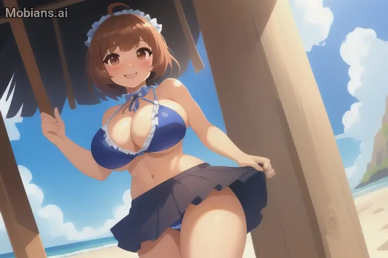 Image blush,breasts,brown_eyes,cowboy_shot,female,large_breasts,looking_at_viewer,open_mouth,smile,solo,bangs,navel,short_hair,bikini,thighs,beach,ocean,sky,ai_generated,bare_shoulders,cleavage,swimsuit,cloud,brown_hair,ahoge,outdoors,maid,skirt,pleated_skirt,maid_headdress,sand,blue_bikini,blue_sky,day,neck_ribbon,black_skirt,crazy,frilled_bikini,frills,genius_inc,my_crazy_high_school_romcom,nina_(my_crazy_high_school_romcom)