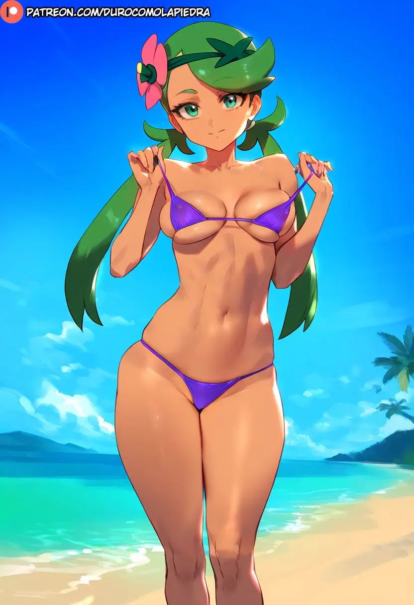 Image 1girls,female,standing,pokemon,bikini,beach,ai_generated,dark-skinned_female,micro_bikini,dclp,mallow_(pokemon)