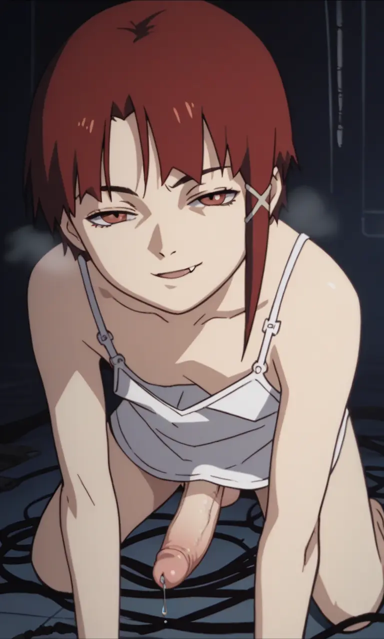 Image brown_eyes,hair_ornament,looking_at_viewer,no_bra,open_mouth,solo,penis,short_hair,1futa,erection,futanari,intersex,fang,ai_generated,bare_shoulders,collarbone,balls,hairclip,dress,testicles,half-closed_eyes,futa_only,brown_hair,smug,white_dress,no_panties,precum,tile_floor,all_fours,large_penis,solo_futa,precum_drip,facing_viewer,smug_face,futa_focus,musk_clouds,no_underwear,cable,camisole,lain_iwakura,no_bra_under_clothes,serial_experiments_lain,white_camisole,x_hair_ornament