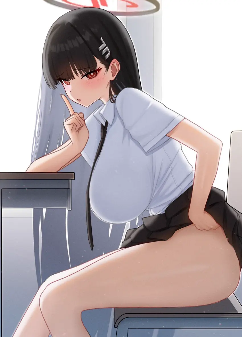 Image 1girls,big_breasts,blush,breasts,female,hair_ornament,highres,large_breasts,light-skinned_female,light_skin,long_hair,looking_at_viewer,open_mouth,red_eyes,shirt,solo,very_long_hair,absurdres,bangs,black_hair,blunt_bangs,blue_archive,thighs,embarrassed,eyebrows_visible_through_hair,huge_breasts,sitting,halo,school_uniform,skirt,no_panties,short_sleeves,white_shirt,pleated_skirt,from_side,alternate_costume,feet_out_of_frame,straight_hair,clothes_lift,hairpin,blushing_at_viewer,necktie,blush_lines,uniform,skirt_lift,bright_pupils,tie,classroom,sitting_on_chair,flashing,chair,black_necktie,school_desk,bare_legs,millennium_science_school_student,black_and_red_halo,black_tie,desk,finger_to_mouth,mechanical_halo,mijikayo,millennium_science_school_logo_(blue_archive),rio_(blue_archive),school_chair,seminar_(blue_archive),seminar_president,shushing,student_council_president