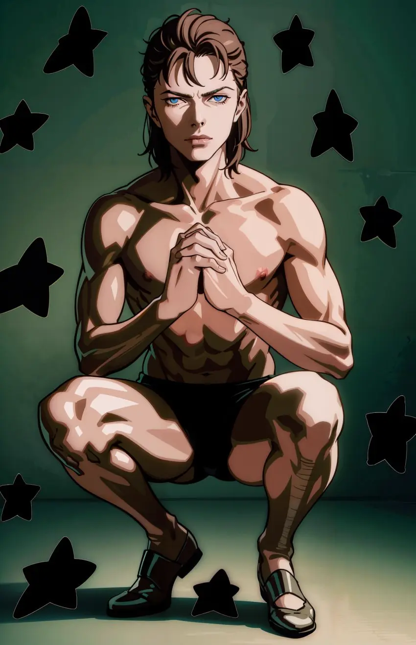 Image looking_at_viewer,nipples,simple_background,1boy,blue_eyes,male,ai_generated,stable_diffusion,brown_hair,squatting,2024,shoes,black_pants,david_bowie,hands_together