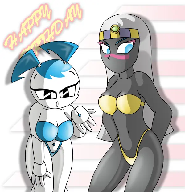 Image female,white_hair,blue_bikini,facial_mark,alien,alien_girl,robot,robot_girl,looney_tunes,warner_brothers,alien_humanoid,yellow_bikini,duck_dodgers,martian,martian_(duck_dodgers),queen_tyr'ahnee,jenny_wakeman,my_life_as_a_teenage_robot,x^j^kny,xj-9