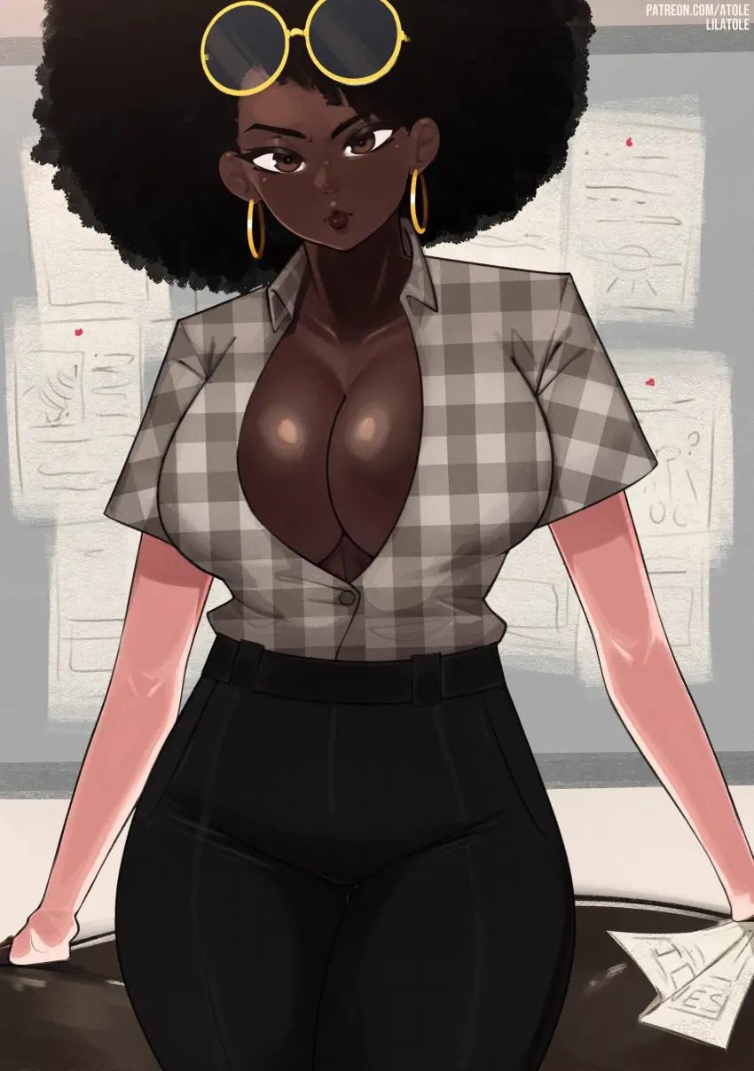 Image 1girls,big_breasts,breasts,brown_eyes,female,hi_res,highres,large_breasts,long_sleeves,looking_at_viewer,black_hair,black_legwear,background,earrings,dark_skin,wide_hips,artist_name,cleavage,glasses,huge_breasts,fortnite,cleavage_overflow,sitting,cleavage_cutout,dark-skinned_female,tight_clothing,high_resolution,teasing,teasing_viewer,fortnite:_battle_royale,artist_logo,sweaty_breasts,glasses_on_head,black_lips,leggings,imminent_sex,patreon_logo,black_eyebrows,lilatole,artist_website,fat_breasts,afro,tight_leggings,billboard,black_afro,checkered_skirt,cleavage_window,doctor_slone,imagined_order,imminent_paizuri,paper_airplane,sitting_on_desk,yellow_glasses