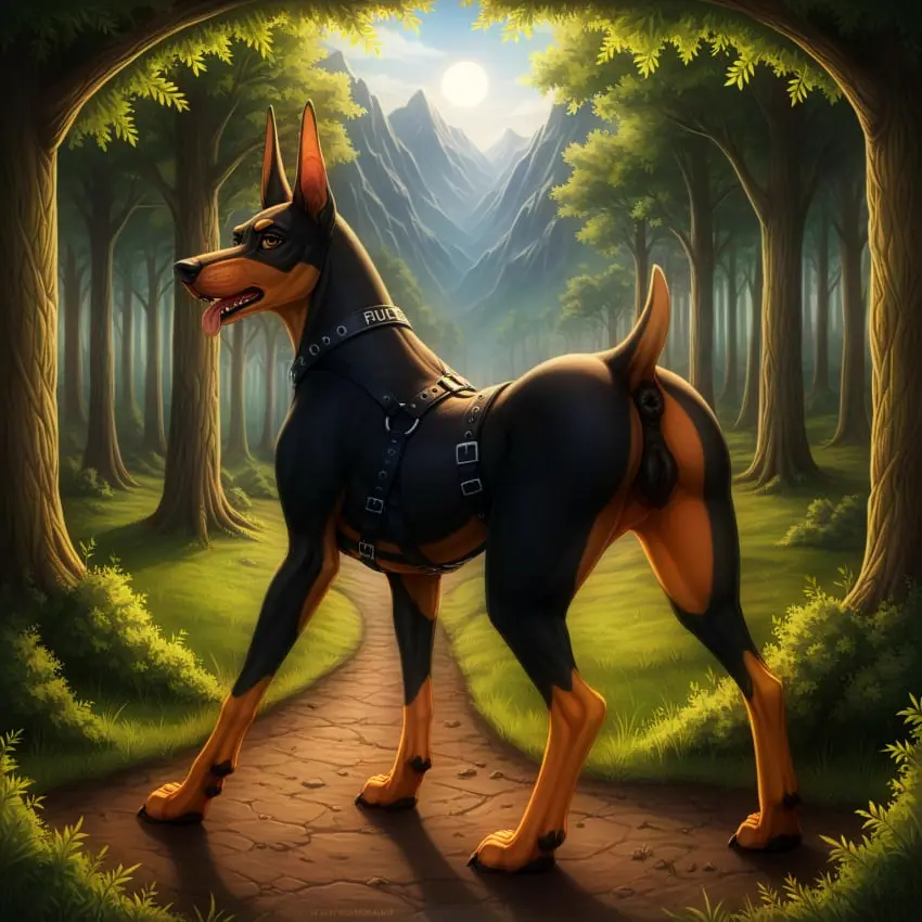 Image female,hi_res,looking_at_viewer,open_mouth,solo,standing,pussy,tongue_out,tongue,ass,looking_back,orange_eyes,ai_generated,teeth,tan_body,anus,slim,presenting,collar,canid,canine,canis,domestic_dog,fur,genitals,mammal,multicolored_body,multicolored_fur,claws,paws,black_body,black_nose,outside,tree,presenting_hindquarters,forest,animal_genitalia,plant,tan_fur,short_tail,looking_back_at_viewer,feral,day,sunlight,animal_pussy,light,black_fur,pawpads,black_claws,grass,puffy_anus,prick_ears,canine_pussy,three-quarter_view,harness,dobermann,pinscher,black_anus,black_pawpads,black_pussy,blp,mountains,path,whisker_spots
