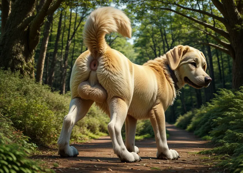 Image brown_eyes,hi_res,looking_at_viewer,solo,male,ass,looking_back,ai_generated,balls,anus,big_balls,realistic,collar,bird_dog,canid,canine,canis,domestic_dog,fur,genitals,hunting_dog,labrador,mammal,multicolored_body,multicolored_fur,retriever,claws,yellow_body,yellow_fur,detailed,black_nose,white_body,outside,tree,forest,plant,detailed_background,raised_tail,white_fur,looking_back_at_viewer,feral,day,sunlight,perineum,floppy_ears,light,black_claws,three-quarter_view,pink_anus,blp,path,whisker_spots,detailed_fur,shrub