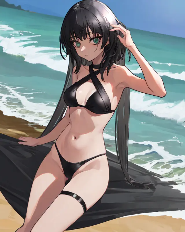 Image female,long_hair,black_hair,blue_eyes,beach,ai_generated,stable_diffusion,sand,rock,black_bra,sea,black_thong