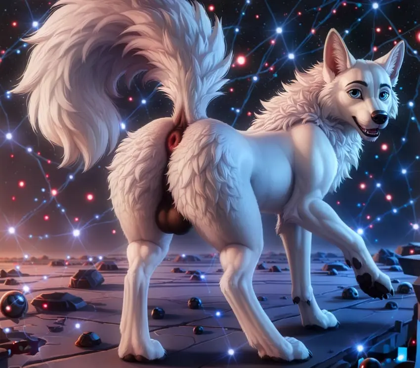 Image hi_res,looking_at_viewer,open_mouth,smile,solo,blue_eyes,male,ass,big_butt,looking_back,ai_generated,eyebrows,open_smile,teeth,balls,anus,presenting,canid,canine,canis,fur,genitals,mammal,wolf,claws,detailed,black_nose,glistening,white_body,outside,presenting_hindquarters,tuft,raised_tail,white_fur,looking_back_at_viewer,feral,glowing,pawpads,black_claws,puffy_anus,inner_ear_fluff,ears_up,three-quarter_view,pink_anus,facial_tuft,black_pawpads,raised_leg,glistening_eyes,blp,detailed_fur,black_balls,cheek_tuft,science_fiction