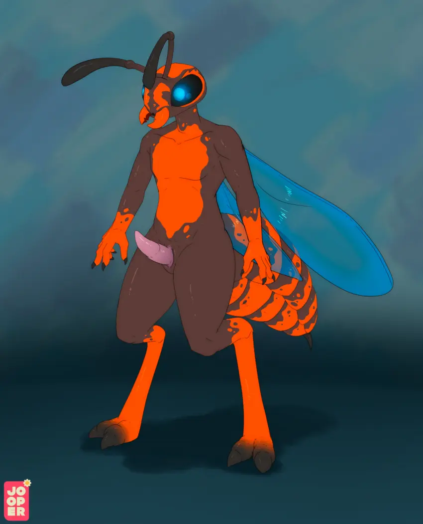 Image hi_res,solo,standing,blue_eyes,male,penis,anthro,pose,presenting,genitals,arthropod,insects,animal_genitalia,animal_penis,brown_body,black_sclera,genital_slit,presenting_penis,mandibles,tapering_penis,arthropod_abdomen,stinger,antennae_(anatomy),jooper,apollo_(onlyprime223),hymenopteran,wasp