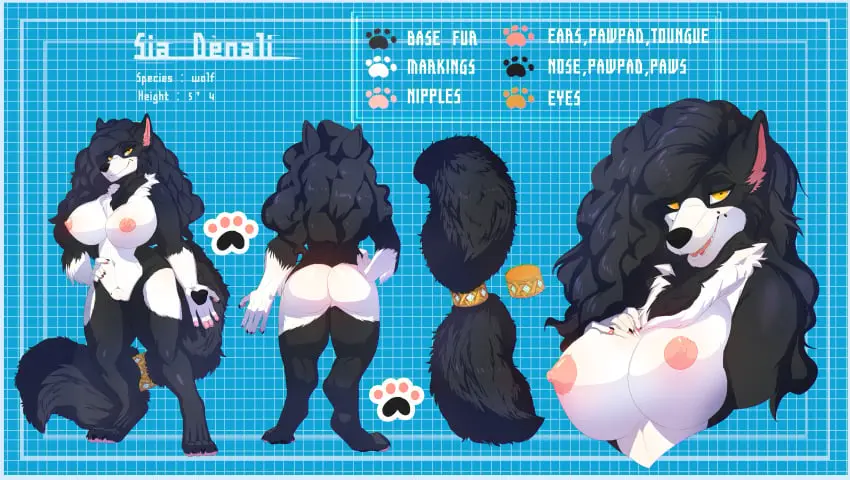 Image breasts,female,hi_res,long_hair,looking_at_viewer,nipples,open_mouth,simple_background,smile,solo,standing,nude,pussy,tail,yellow_eyes,ass,blue_background,areola,feet,accessory,teeth,hair,anthro,text,absurd_res,hand_on_hip,canid,canine,canis,fur,genitals,grey_body,grey_fur,mammal,multicolored_body,multicolored_fur,two_tone_body,two_tone_fur,wolf,english_text,5_fingers,white_body,fingers,toes,white_fur,pawpads,digitigrade,4_toes,hand_on_breast,model_sheet,multiple_images,furgonomics,sylviajo,tail_accessory