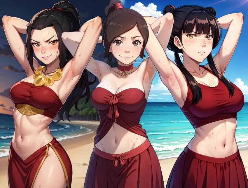 Image blush,breasts,brown_eyes,clothing,female,female_only,large_breasts,long_hair,looking_at_viewer,smile,bangs,black_hair,blunt_bangs,multiple_girls,navel,sidelocks,sweat,yellow_eyes,bra,underwear,female_focus,ponytail,beach,smiling_at_viewer,armpits,ocean,ai_generated,arms_behind_head,arms_up,cleavage,eyebrows,eyebrows_visible_through_hair,gold_trim,midriff,sideboob,stable_diffusion,parted_lips,tied_hair,brown_hair,double_bun,braid,outdoors,twintails,skirt,low_twintails,sand,sweaty,3girls,swept_bangs,high_ponytail,hair_bun,avatar_legends,avatar_the_last_airbender,azula,fire_nation,evil_smile,red_collar,gold_necklace,braided_ponytail,sweaty_armpits,red_underwear,seaside,>:(,>:),alternative_costume,armpit_pose,armpit_pussy,armpit_sex_invitation,armpit_sweat,bun_twintails,double_hair_bun,hair_down,long_skirt,mai_(avatar),no_bangs,nonbender,o-ring_collar,official_alternative_costume,presenting_armpits,red_bra,red_crop_top,red_hair_tie,red_skirt,red_tube_top,sexy_armpits,shiny_armpits,side_slit_skirt,smooth_armpits,strapless_bra,ty_lee,widow's_peak