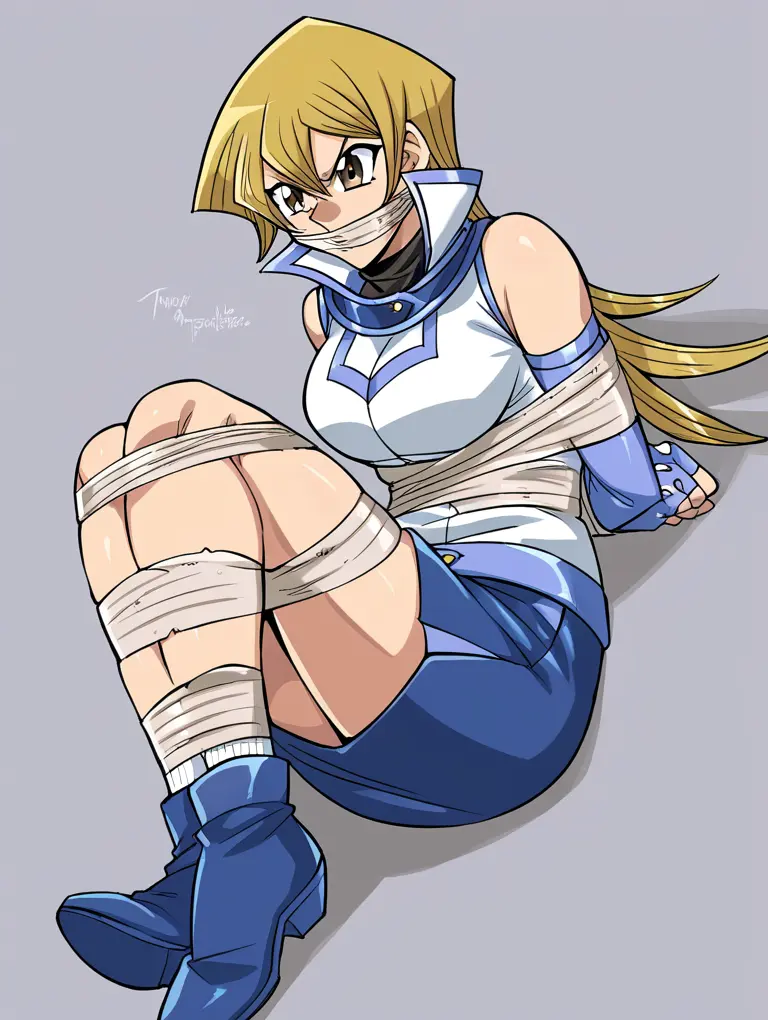 Image yellow_eyes,blonde_hair,sitting,yu-gi-oh!,bondage,angry,gag,gagged,bound_ankles,alexis_rhodes,duel_academy_uniform_(yu-gi-oh!_gx),obelisk_blue_uniform,tenjouin_asuka,yu-gi-oh!_gx,arms_tied_behind_back,bound_legs,ryuzakibd,tape_bondage,tape_gag