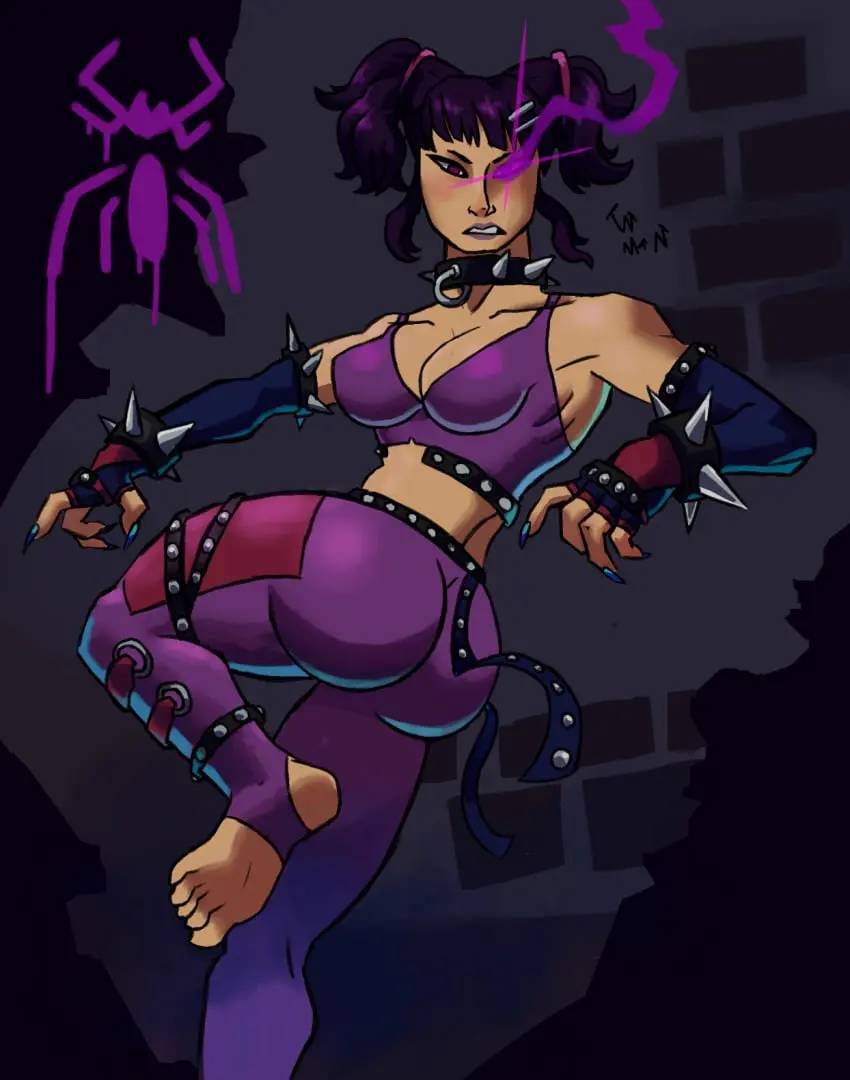Image female,female_only,big_ass,big_butt,female_focus,feet,foot_fetish,glowing_eyes,tight_clothing,feet_focus,fingerless_gloves,asian_female,toes,painted_nails,stirrup_legwear,tight_fit,spiked_bracelet,capcom,street_fighter,spiked_collar,long_nails,tight_clothes,toeless_legwear,tight_pants,brick_wall,dicktator66,juri_han,korean