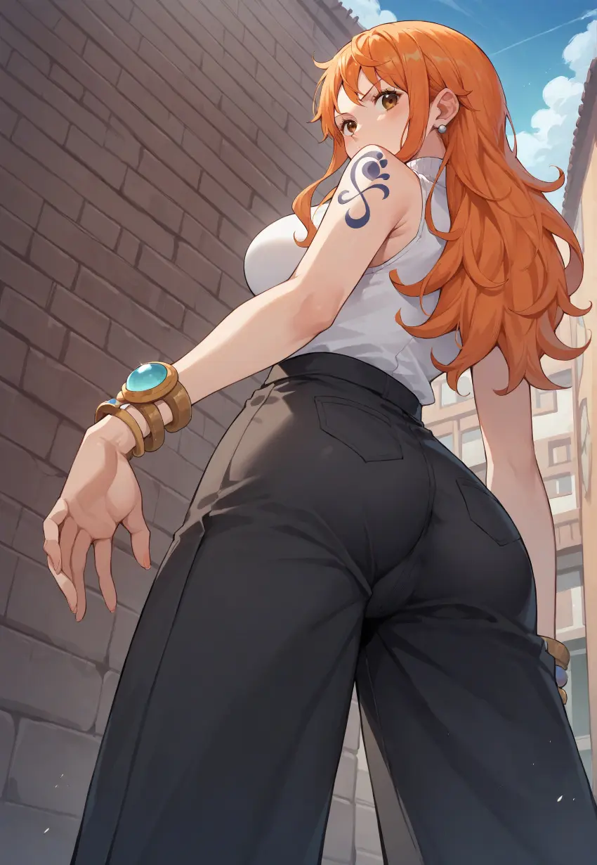 Image clothing,female,female_only,ass,one_piece,ai_generated,nami_(one_piece),orange_hair,post-timeskip,tagme,fully_clothed,jeans,robinlover,amber_eyes