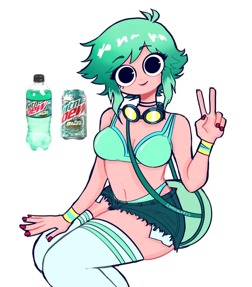 Image 1girls,female,solo,short_hair,thighhighs,white_legwear,underwear,two_tone_hair,solo_female,nail_polish,stockings,green_hair,red_lipstick,black_eyes,shorts,lipstick,partially_clothed,legwear,light_green_hair,torn_clothes,goggles,peace_sign,red_nails,can,short_shorts,bottle,ramona_flowers,scott_pilgrim,drink,cdromarts,goggles_around_neck,green_underwear,mountain_dew,soda,torn_shorts