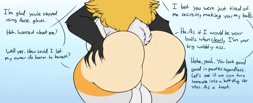 Image breasts,hi_res,simple_background,tail,ass,big_butt,futanari,intersex,digital_media_(artwork),balls,hair,anthro,text,blonde_hair,fur,genitals,grey_body,grey_fur,mammal,dialogue,rear_view,english_text,2024,gynomorph,lagomorph,leporid,rabbit,hand_on_butt,robertge,angel_fellweather,butt_transformation