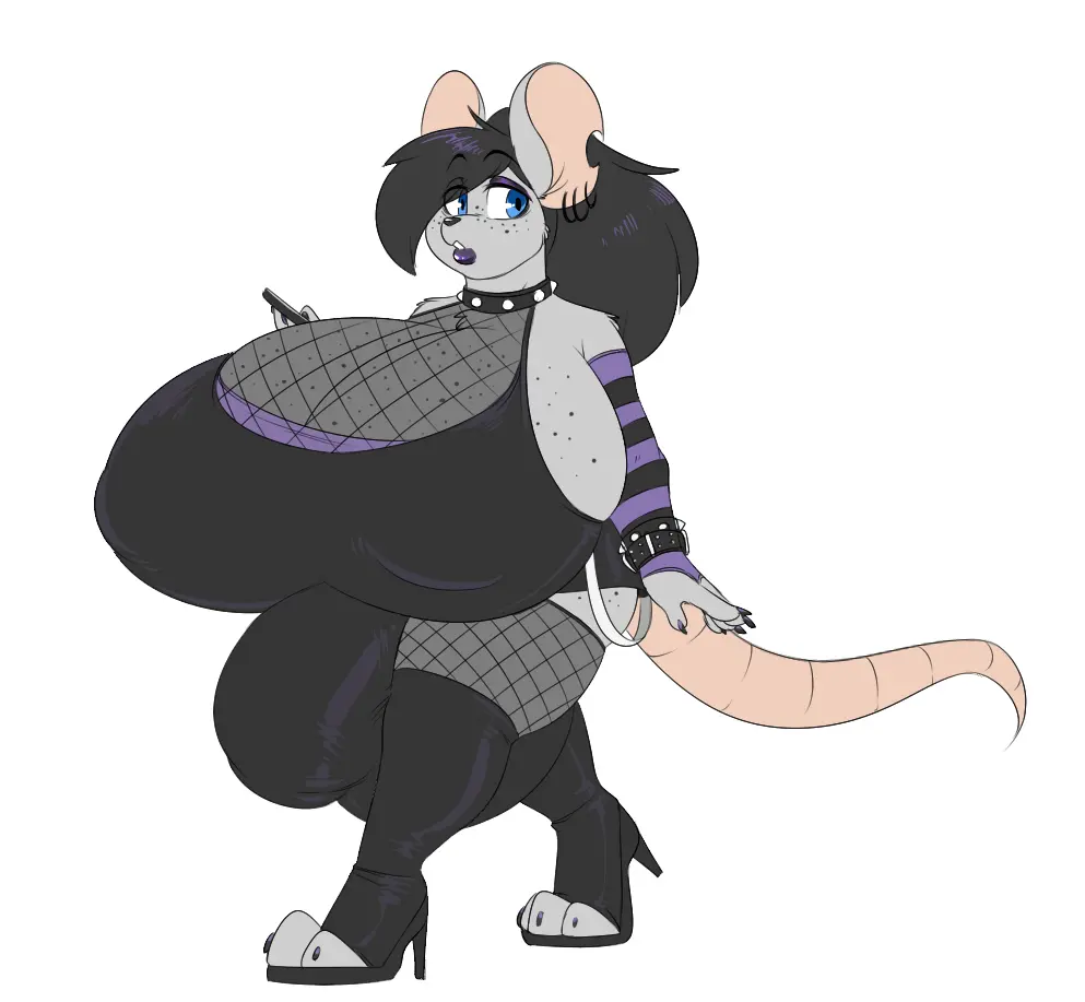 Image big_breasts,breasts,clothing,simple_background,solo,white_background,black_hair,tail,futanari,intersex,striped_clothing,hair,huge_breasts,anthro,piercing,2022,collar,high_heels,footwear,fur,grey_body,grey_fur,holding_object,mammal,ear_piercing,nipple_outline,gynomorph,short_stack,armwear,goth,walking,rodent,stripes,black_clothing,black_footwear,black_high_heels,fishnet_clothing,pattern_clothing,ear_ring,ring_piercing,alternative_fashion,robertge,pattern_armwear,striped_armwear