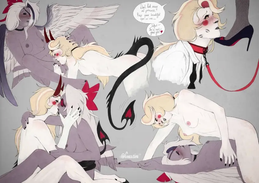 Image breasts,female,2girls,multiple_girls,demon_tail,feet,angel_wings,nude_female,angel,demon,canon_couple,demon_girl,demon_horns,oral_sex,collar,high_heels,yuri,partially_clothed,kissing,leash,lesbian_sex,hazbin_hotel,wholesome,kiss_mark,hug,charlie_morningstar_(hazbin_hotel),vaggie_(hazbin_hotel),leash_and_collar,caelsin,collaring