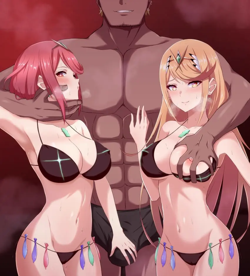Image blush,breasts,female,highres,large_breasts,nipples,smile,standing,1boy,2girls,absurdres,heart-shaped_pupils,male,multiple_girls,navel,sidelocks,straight,sweat,symbol-shaped_pupils,red_hair,bikini,underwear,earrings,dark-skinned_male,dark_skin,interracial,muscular,bare_shoulders,cleavage,covered_nipples,grin,jewelry,blonde_hair,swimsuit,heavy_breathing,cameltoe,condom,grabbing,grabbing_another's_breast,grabbing_from_behind,stomach,black_bikini,heart,core_crystal,pyra,xenoblade_chronicles_2,abs,swept_bangs,femsub,netorare,one_breast_out,tiara,commentary,masculine_male,out_of_frame,used_condom,eruu_(eruuman),pyra_(xenoblade),xenoblade_chronicles_(series),mythra_(xenoblade),condom_belt,multiple_condoms