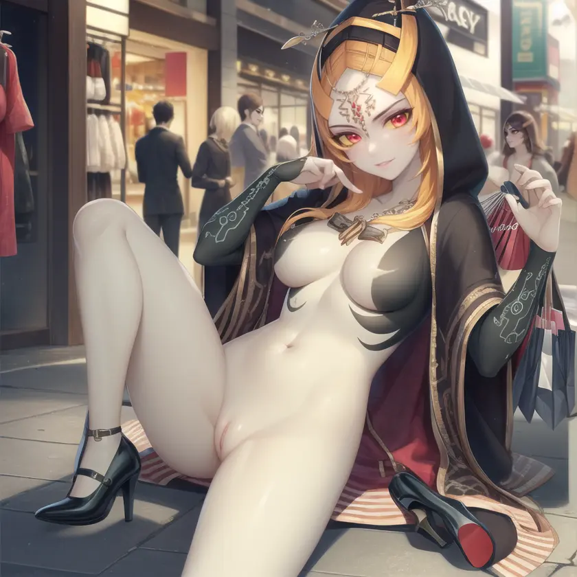 Image 1girls,big_breasts,breasts,clothing,female,female_only,long_hair,solo,ai_generated,happy,nintendo,public,high_heels,shorts,the_legend_of_zelda,black_bra,midna,ruptuorie,the_legend_of_zelda:_twilight_princess,twili_midna,twilight_princess