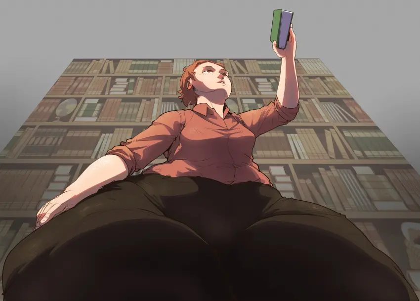 Image 1girls,female,light-skinned_female,light_skin,red_hair,bottom_heavy,thick_thighs,thighs,worm's-eye_view,book,huge_thighs,cantankeravian,edie_(cantankerous_avian),bookshelf