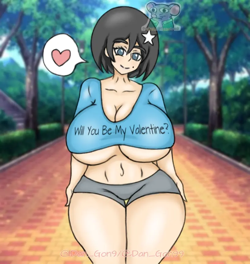 Image big_breasts,breasts,female,smile,blue_eyes,short_hair,thick_thighs,shy,shorts,short_skirt,park,danki-+18,cera_(danki),valentine's_day