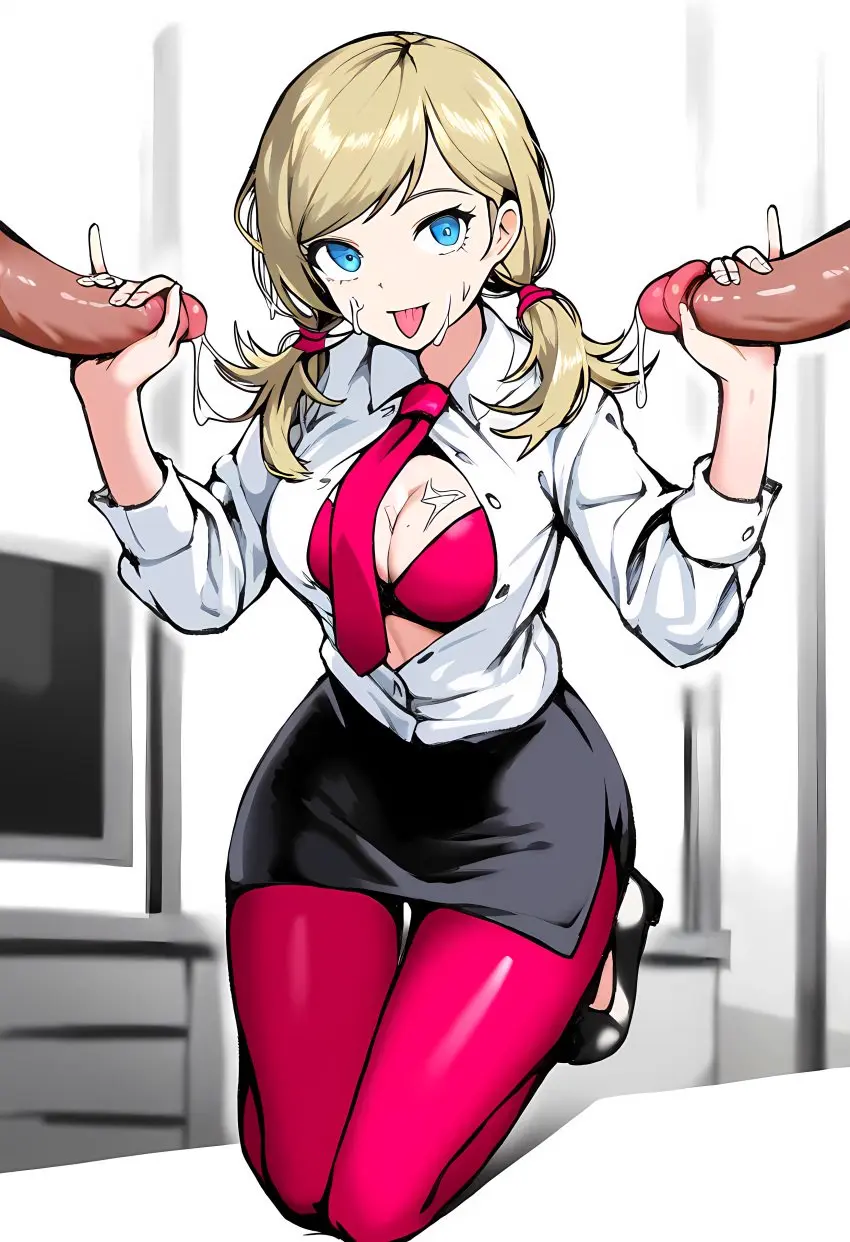 Image breasts,female,blue_eyes,cum_on_face,threesome,ai_generated,blonde_hair,cum_on_breasts,handjob,skirt,red_legwear,office_lady,another_eden,renri_(another_eden)