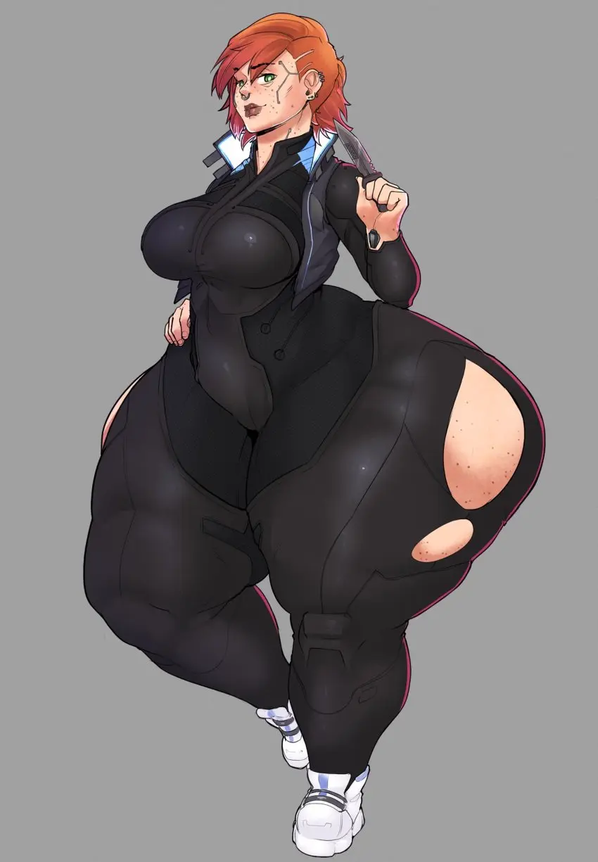 Image 1girls,big_breasts,breasts,female,solo,red_hair,ass,bottom_heavy,earrings,huge_ass,thick_thighs,thighs,freckles,freckles_on_ass,massive_ass,wide_hips,solo_female,piercing,ear_piercing,bodysuit,torn_clothes,freckles_on_face,cantankeravian,cybernetics,nose_piercing,nose_ring,freckles_on_thighs,knife,sandymoo,hyper_hips
