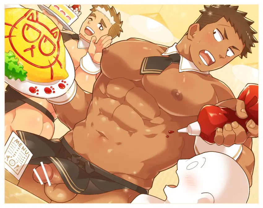Image highres,nipples,male,dark-skinned_male,dark_skin,muscular,muscular_male,2boys,male_only,yaoi,original,brown_hair,light_blush,sweatdrop,bara,detached_collar,multiple_boys,light_brown_hair,oerba_yun_fang,male_focus,necktie,abs,scar,pectorals,black_necktie,large_pectorals,scar_on_face,wrist_cuffs,aopanda,ketchup,ketchup_bottle,waiter