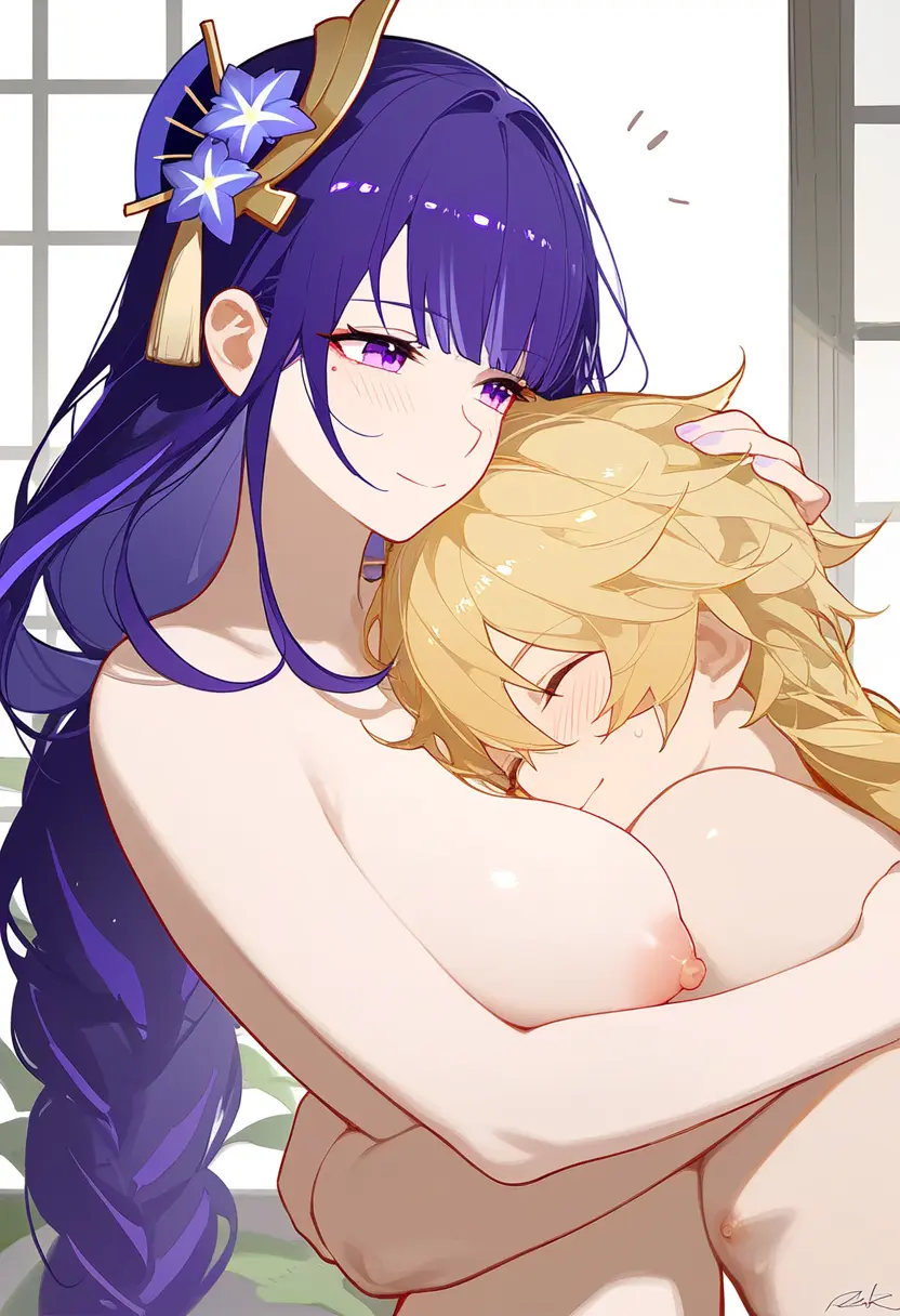 Image 1girls,female,light_skin,long_hair,nipples,smile,1boy,male,straight,boobs,sex,pleasure_face,smiling,ai_generated,happy,blonde_hair,naked,genshin_impact,aether_(genshin_impact),violet_hair,taller_girl,raiden_shogun,mihoyo,wholesome,violet_eyes,unknown_artist