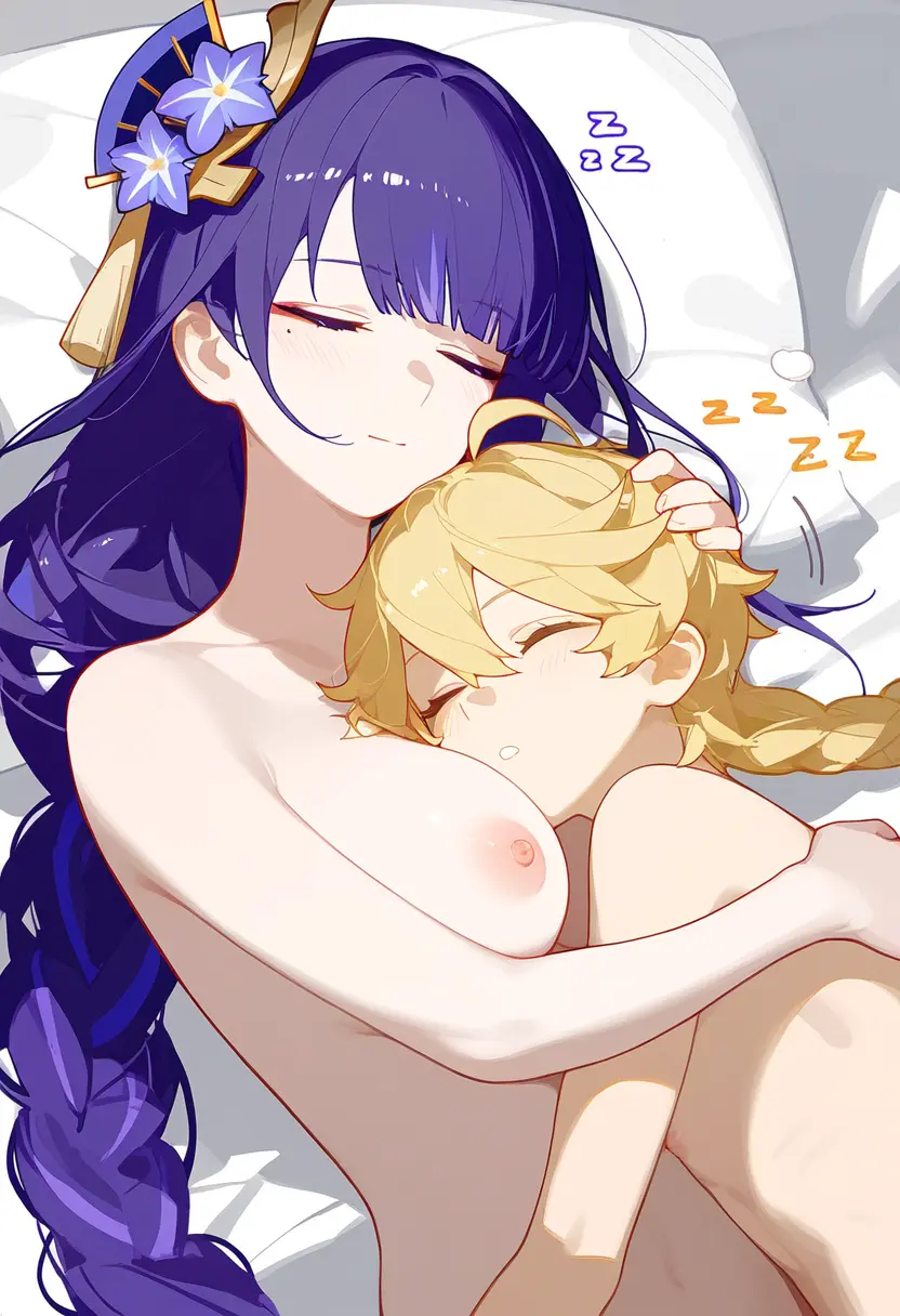 Image 1girls,female,long_hair,1boy,male,straight,sex,pleasure_face,ai_generated,naked,genshin_impact,purple_hair,bed,aether_(genshin_impact),cute,bedroom,holding,taller_girl,raiden_shogun,mihoyo,sleeping,cuddling,unknown_artist,cuddle,sleeping_on_person