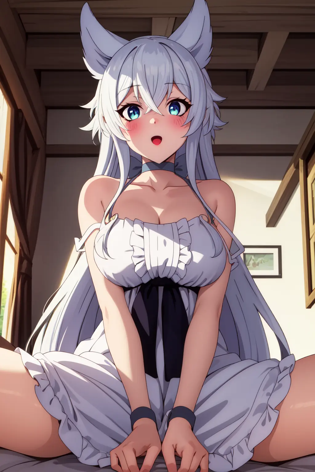 Image 1girls,big_breasts,breasts,clothed,clothing,female,female_only,hi_res,highres,light-skinned_female,long_hair,solo,bangs,blue_eyes,ai_generated,clothed_female,solo_female,spread_legs,dress,bed,indoors,commentary_request,high_resolution,wolf_ears,silver_hair,wolf_girl,english_commentary,fenrys,lv2_kara_cheat_datta_motoyuusha_kouho_no_mattari_isekai_life,nightgown