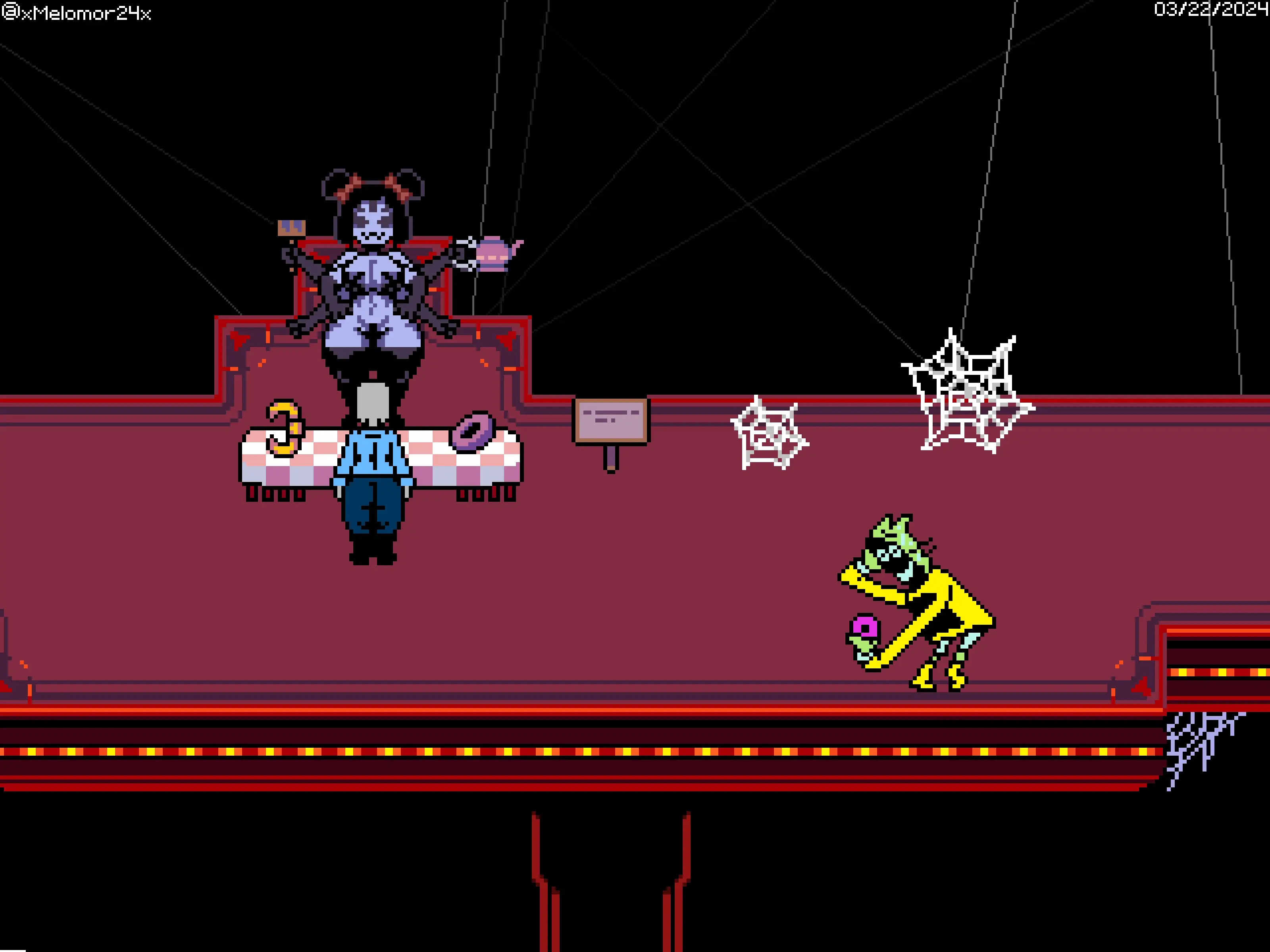 Image 1girls,big_breasts,breasts,female,black_hair,ass,big_ass,big_butt,thighs,humanoid,hips,anthro,legs,thick,thick_ass,accurate_art_style,big_thighs,thick_hips,thick_legs,2024,purple_body,undertale,pixel_art,undertale_(series),spider,duct_tape,milffet,muffet,xmelomor24x