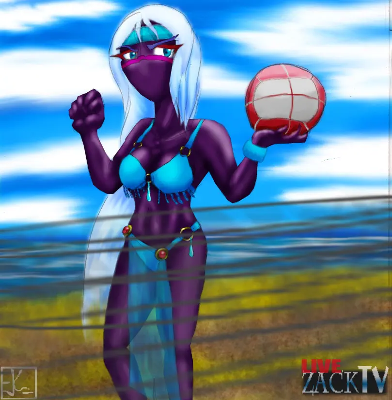Image female,white_hair,blue_eyes,bikini,beach,ocean,sky,headband,facial_mark,alien,alien_girl,looney_tunes,warner_brothers,alien_humanoid,duck_dodgers,martian,martian_(duck_dodgers),queen_tyr'ahnee,capadochio,beach_ball,volleyball