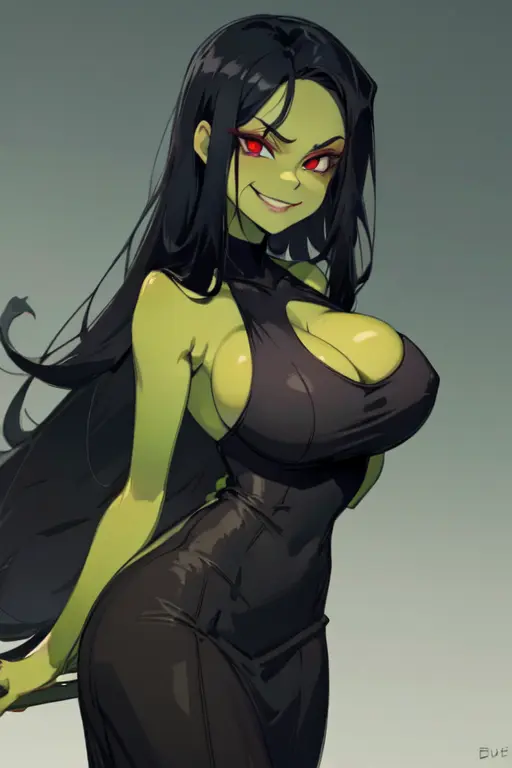 Image 1girls,big_breasts,breasts,female,female_only,red_eyes,black_hair,big_ass,female_focus,seductive,wide_hips,ai_generated,green_skin,busty,black_dress,perfect_body,villainess,game_over,witch,evil_grin,banjo-kazooie,evil,game_over_gruntilda,gruntilda,gruntilda_winkybunion
