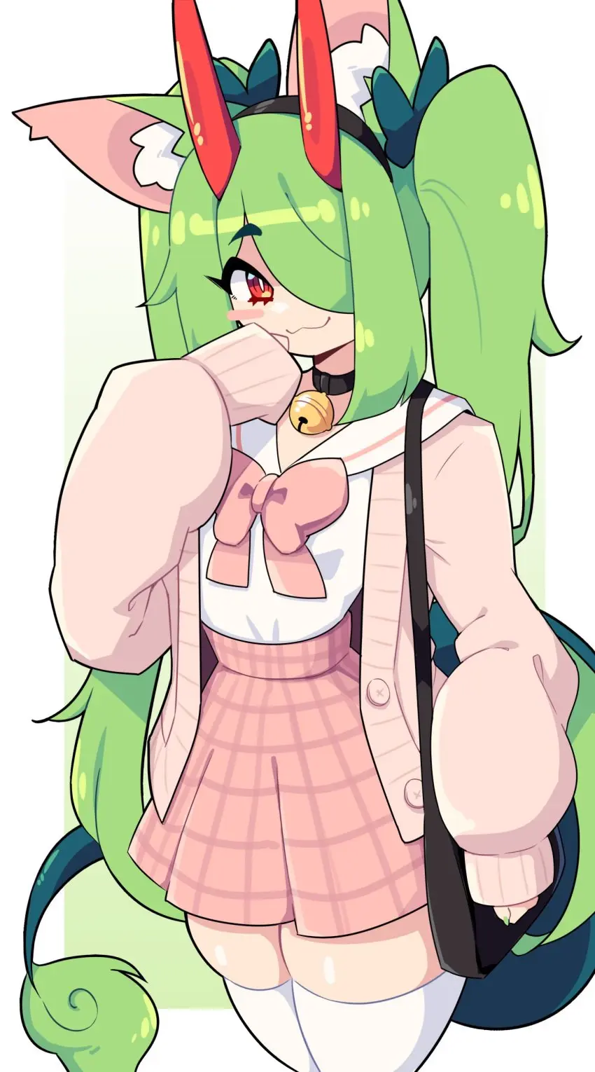 Image 1girls,blush,clothing,female,female_only,hi_res,long_hair,looking_at_viewer,red_eyes,solo,tail,thighhighs,hair_over_one_eye,cat_ears,catgirl,smiling,smiling_at_viewer,horns,hair_ribbon,twintails,green_hair,skirt,heart,sweater,hybrid,casual,thigh_squish,dragon_girl,white_thighhighs,wide_sleeves,tail_tuft,handbag,dew_(j5daigada),j5daigada