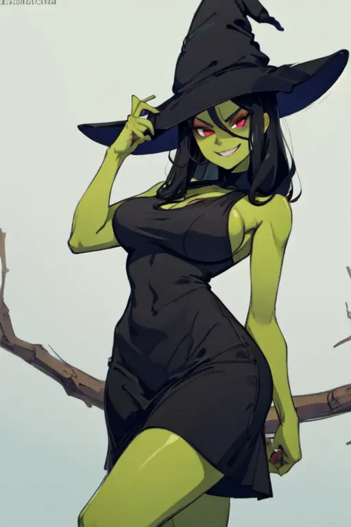 Image 1girls,big_breasts,breasts,female,female_only,red_eyes,black_hair,female_focus,thick_thighs,wide_hips,ai_generated,green_skin,busty,black_dress,perfect_body,witch_hat,villainess,game_over,witch,evil_grin,banjo-kazooie,evil,game_over_gruntilda,gruntilda,gruntilda_winkybunion