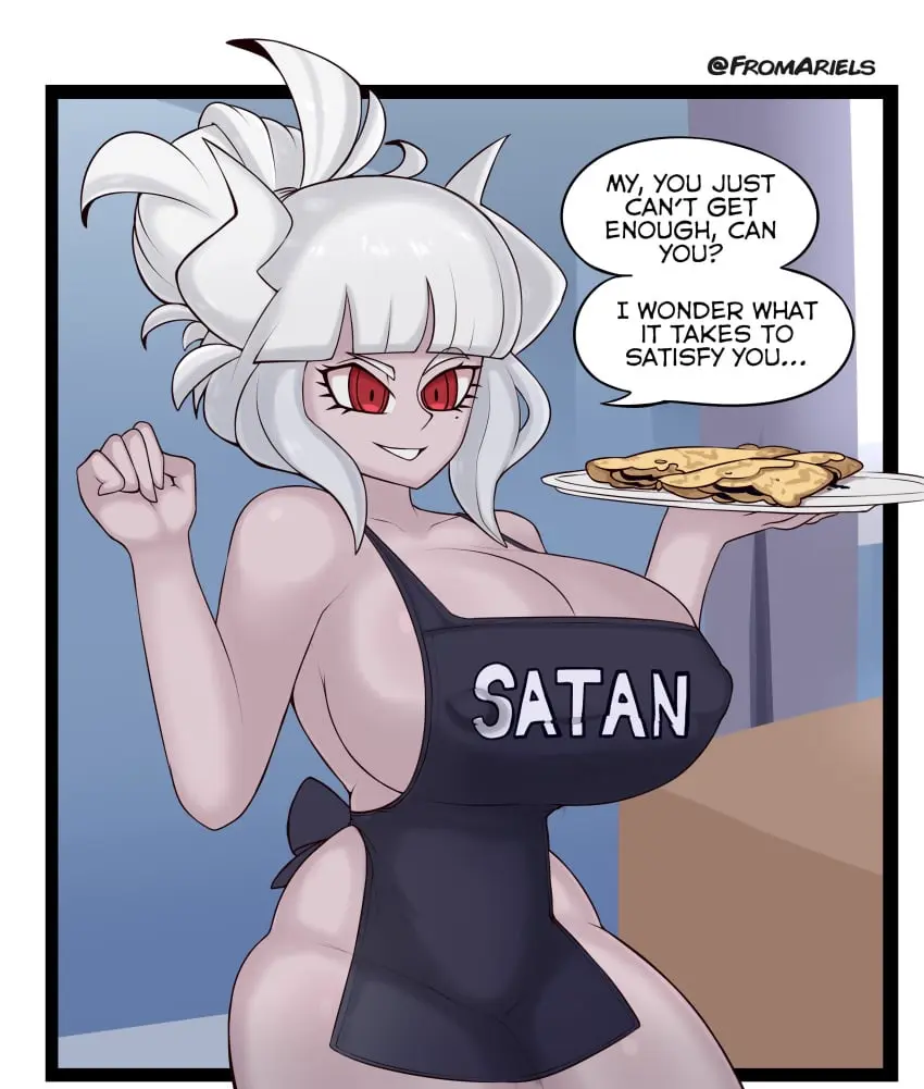 Image 1girls,big_breasts,breasts,female,large_breasts,long_hair,shiny_skin,smile,solo,white_hair,thighs,white_skin,ponytail,smiling,color,looking_away,shiny_hair,solo_female,huge_breasts,2d,text,demon,pale-skinned_female,pale_skin,demon_girl,demon_horns,holding_object,looking_at_another,holding,2d_(artwork),apron,big_thighs,2024,helltaker,lucifer_(helltaker),2d_artwork,erect_nipples,text_bubble,huge_thighs,pink_skin,apron_only,erect_nipples_under_clothes,shiny_breasts,white-skinned_female,plate,fromariels,pony_tail,shiny_ass,shiny_butt,white_skinned_female