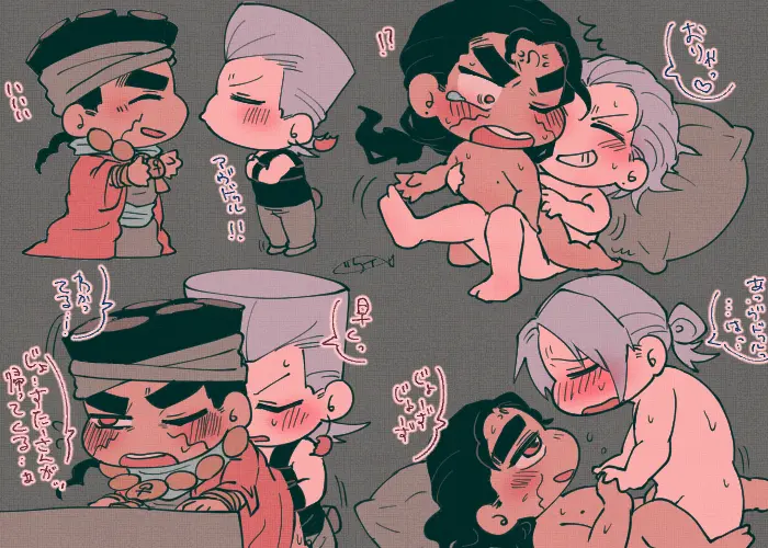Image blush,open_mouth,male,nude,sweat,dark-skinned_male,interracial,2boys,yaoi,happy,light-skinned_male,nude_male,naked,tied_hair,reverse_cowgirl_position,looking_at_partner,looking_down,closed_eyes,sweatdrop,cute,dialogue,behind_another,holding_hands,angry_expression,pillow,tear,implied_sex,naked_male,clothed_sex,chibi,hand_on_butt,blushing_profusely,jojo's_bizarre_adventure,loose_hair,hand_on_chest,chibi_style,blush_stickers,eyes_open,jean_pierre_polnareff,mohammed_avdol,multiple_scenes,stardust_crusaders