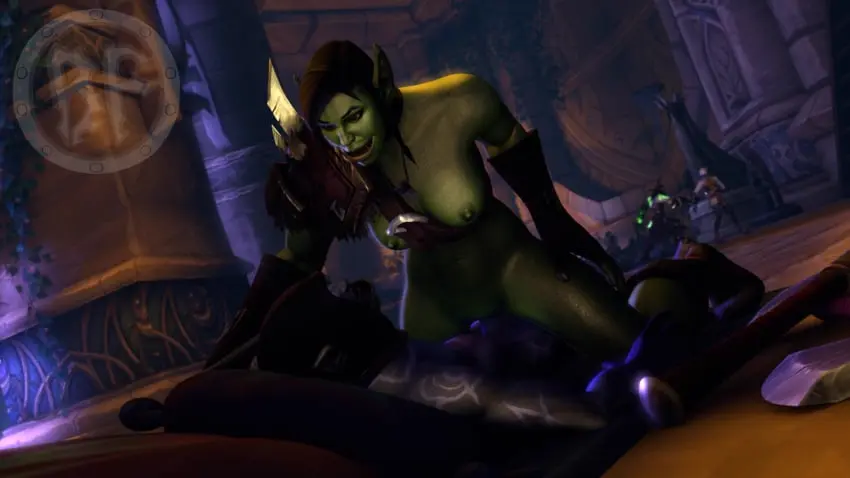 Image 2023,breasts,female,nipples,male,male/female,purple_skin,green_skin,elf,warcraft,world_of_warcraft,brown_hair,indoors,3d,3d_(artwork),partially_clothed,artist_logo,femdom,orc,orc_(warcraft),tusks,orc_female,partially_nude,brother_fuzzman,axe,female_orc,weapons,elf_male,nightborne