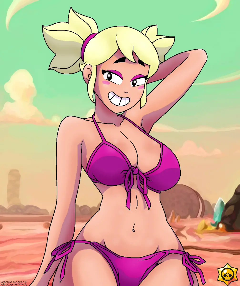 Image big_breasts,breasts,female,underwear,teeth,dark-skinned_female,green_hair,brawl_stars,mandy_(brawl_stars),abo_agripina,bean_mouth,bean_smile