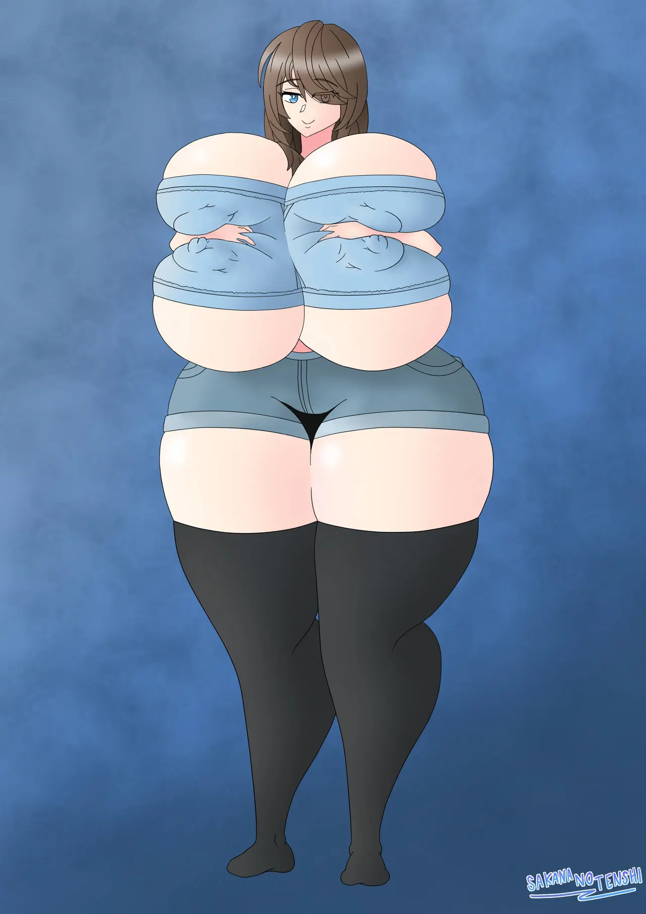 Image 1girls,breasts,female,looking_at_viewer,simple_background,standing,black_legwear,blue_eyes,thighhighs,blue_background,thick_thighs,hair_over_one_eye,milf,wide_hips,smiling,smiling_at_viewer,enormous_breasts,hyper_breasts,original_character,pale_skin,brown_hair,breasts_squeezed_together,shorts,thick_legs,high_resolution,hyper,denim,leggings,pink_topwear,black_thighhighs,cute_girl,denim_shorts,visible_nipples,dommy_mommy,emily_vidström_(sakanatenshi),sakananotenshi