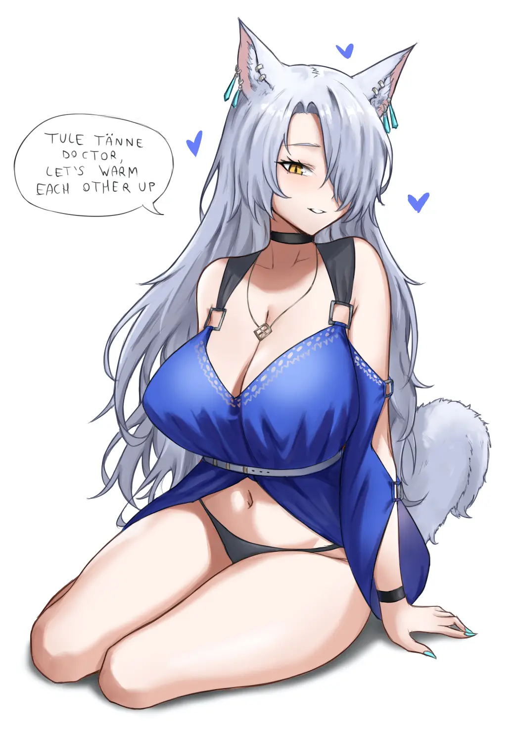 Image 1girls,big_breasts,breasts,female,hi_res,light-skinned_female,light_skin,long_hair,looking_at_viewer,simple_background,smile,solo,white_hair,animal_ears,yellow_eyes,panties,seductive,cat_ears,catgirl,arknights,bare_shoulders,text,kemonomimi,necklace,cat_tail,black_panties,alternate_costume,heart,english_text,2024,bare_legs,covered_eyes,fangsod,santalla_(arknights)