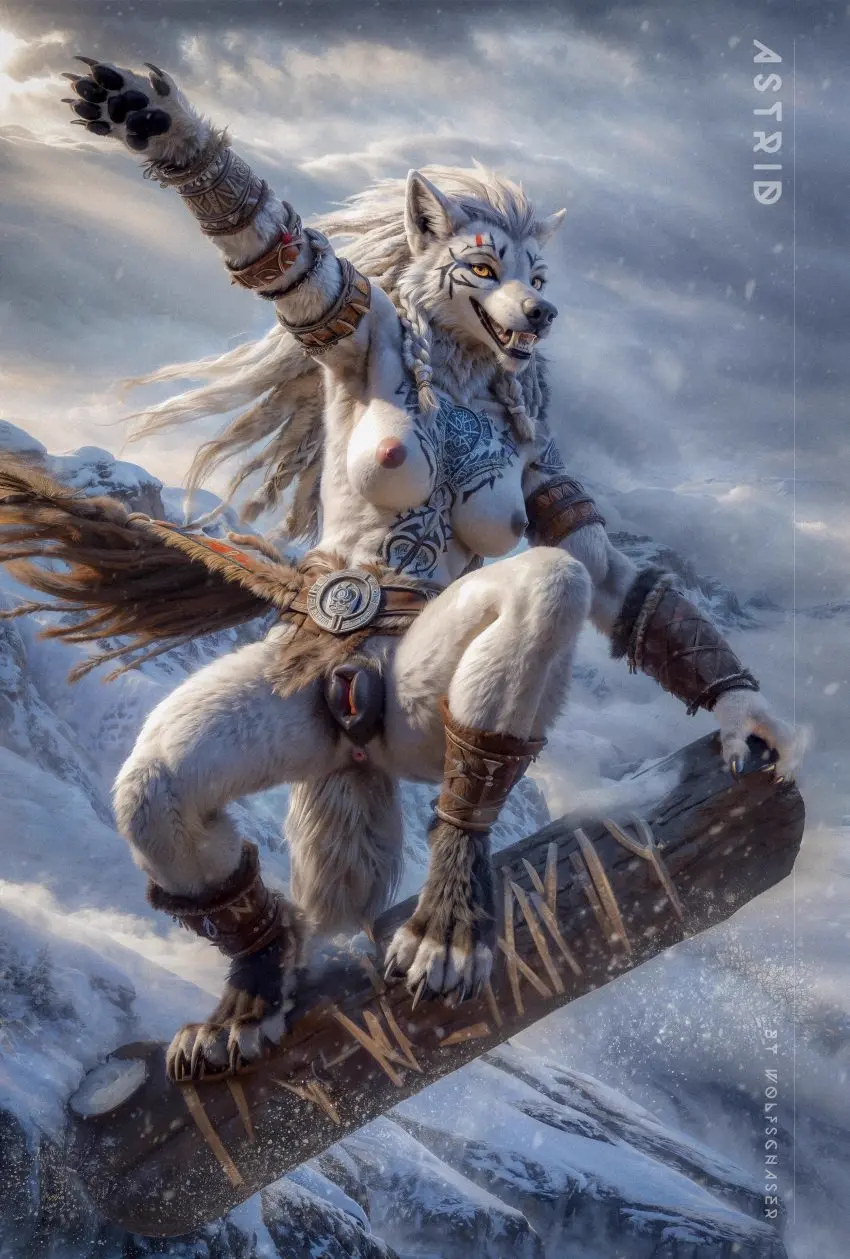 Image breasts,female,hi_res,looking_at_viewer,nipples,smile,solo,white_hair,humanoid,ai_generated,tattoo,hair,anthro,anus,absurd_res,canid,canine,canis,fur,mammal,wolf,claws,paws,fangs,white_body,female/female,wolf_tail,canine_genitalia,were,werecanid,werecanine,werewolf,white_fur,magic_user,huge_filesize,tribal,dreadlocks,snow,winter,mountains,astrid_(disambiguation),shaman,snowboard,tribal_spellcaster,wercanine