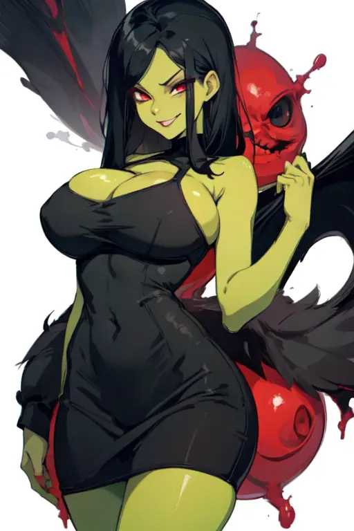 Image 1girls,big_breasts,breasts,female,female_only,red_eyes,black_hair,female_focus,wide_hips,ai_generated,green_skin,busty,black_dress,perfect_body,villainess,game_over,witch,evil_grin,banjo-kazooie,evil,game_over_gruntilda,gruntilda,gruntilda_winkybunion