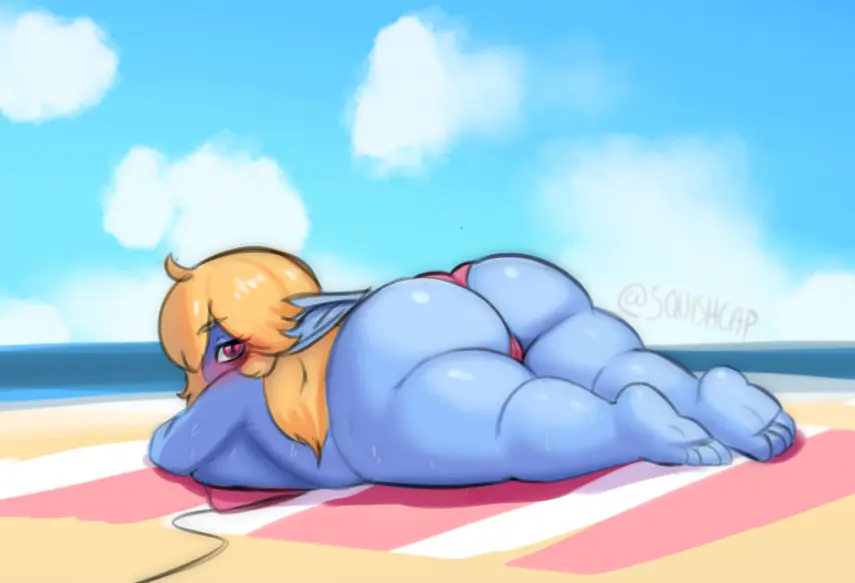 Image blush,female,sweat,bikini,ass,big_ass,big_butt,huge_ass,looking_back,barefoot,beach,blonde_hair,pink_eyes,topless,breast_press,ass_focus,shortstack,sweating,sweaty,legs_together,league_of_legends,poppy,yordle,riot_games,blue_skin,gigantic_ass,twitter_username,squishcap_(artist),beach_towel,sunbathing